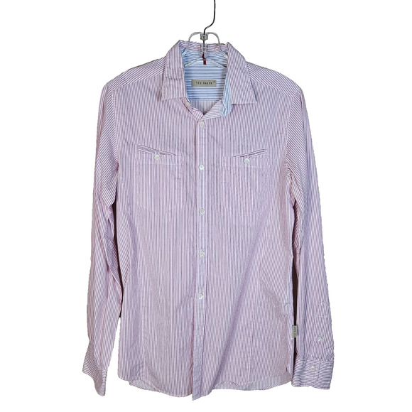Ted Baker Womens Cotton Shirt XS Button Down Red Stripe Contrast Cuff Designer 2 - Picture 1 of 16
